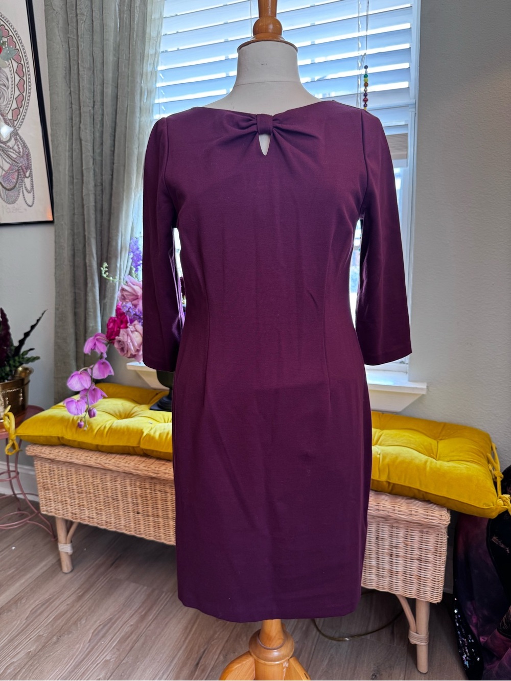 Talbots Plum Burgundy Knee-Length Sheath Dress with Bow Neck